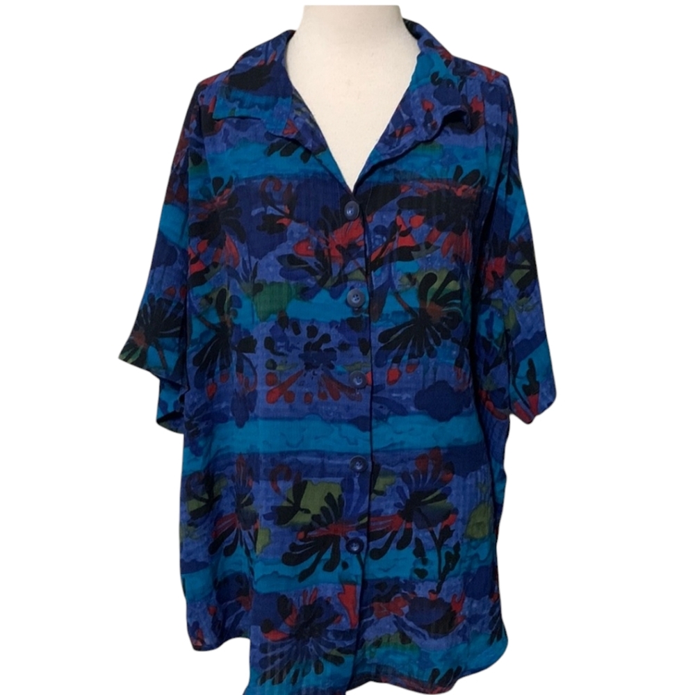 Maggie Barnes Vintage Plus Size Abstract Floral Button Down Blouse Blue 3XP